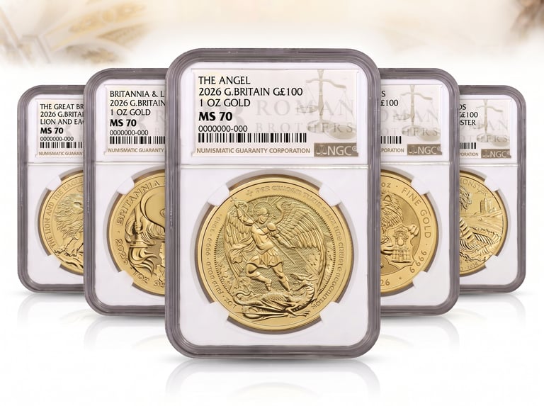 Collection of graded gold British coins in protective slabs, featuring The Angel 2020 coin prominently displayed
