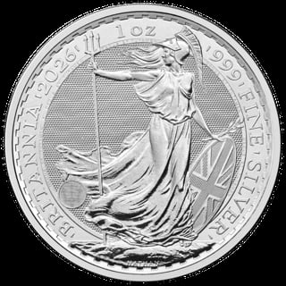 British silver coin featuring Britannia standing with trident and shield, dated 2023, one ounce fine silver